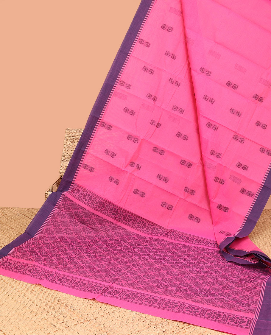 Pink kanchi cotton saree with flower buttas, contrast plain border & jaal pallu