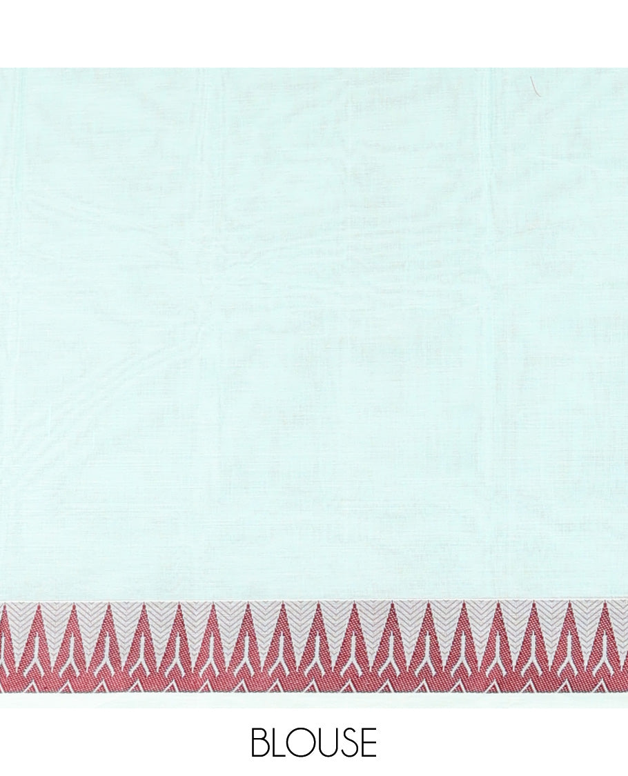 Pale blue kanchi cotton saree with buttas, temple border & floral design pallu