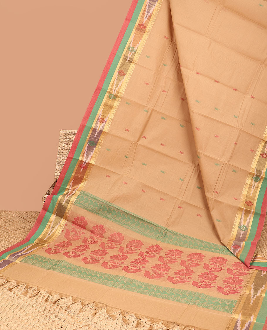 Sandal kanchi cotton saree with buttas, contrast ikkat border & floral design pallu