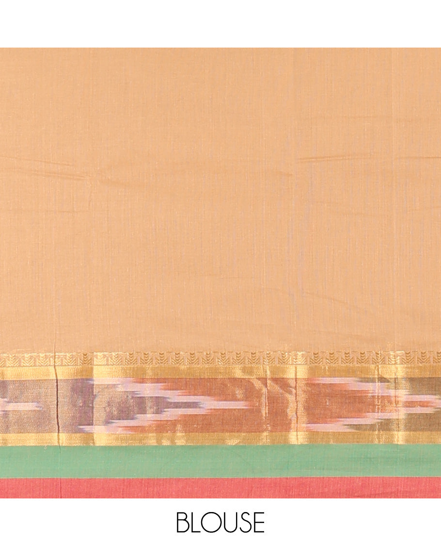 Sandal kanchi cotton saree with buttas, contrast ikkat border & floral design pallu