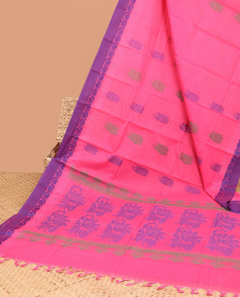 Pink kanchi cotton saree with buttas, contrast paisley creeper border & floral design pallu