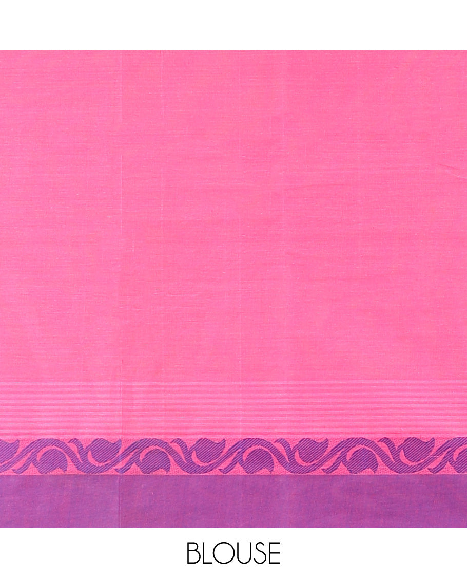 Pink kanchi cotton saree with buttas, contrast paisley creeper border & floral design pallu