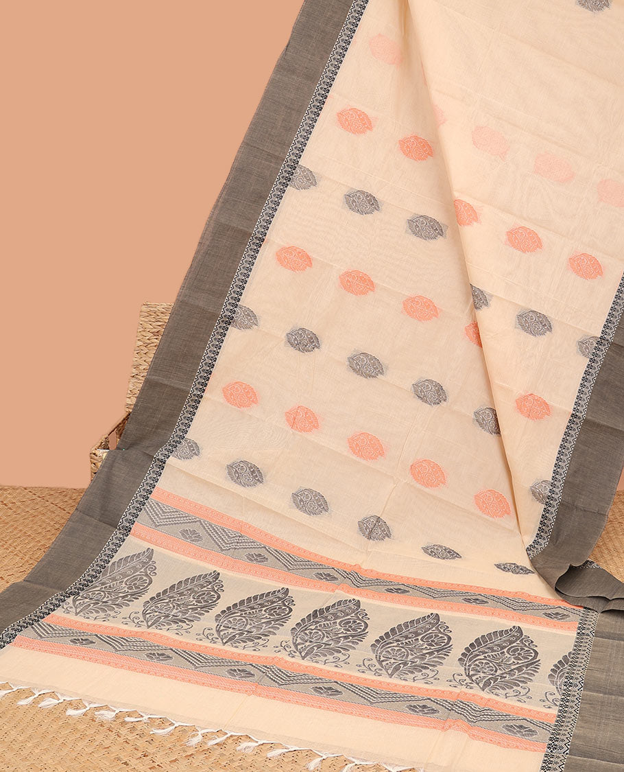 Cream kanchi cotton saree with buttas, contrast plain border & intricate design pallu