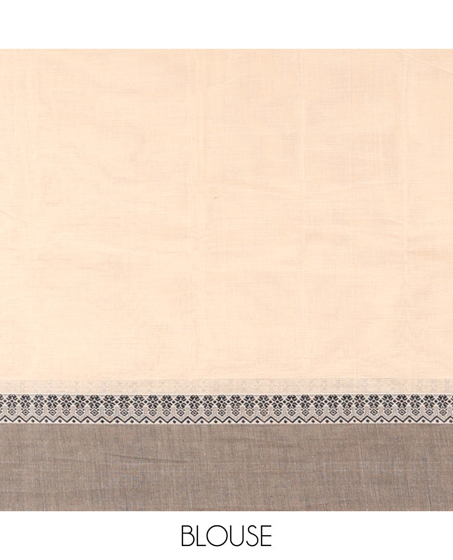 Cream kanchi cotton saree with buttas, contrast plain border & intricate design pallu