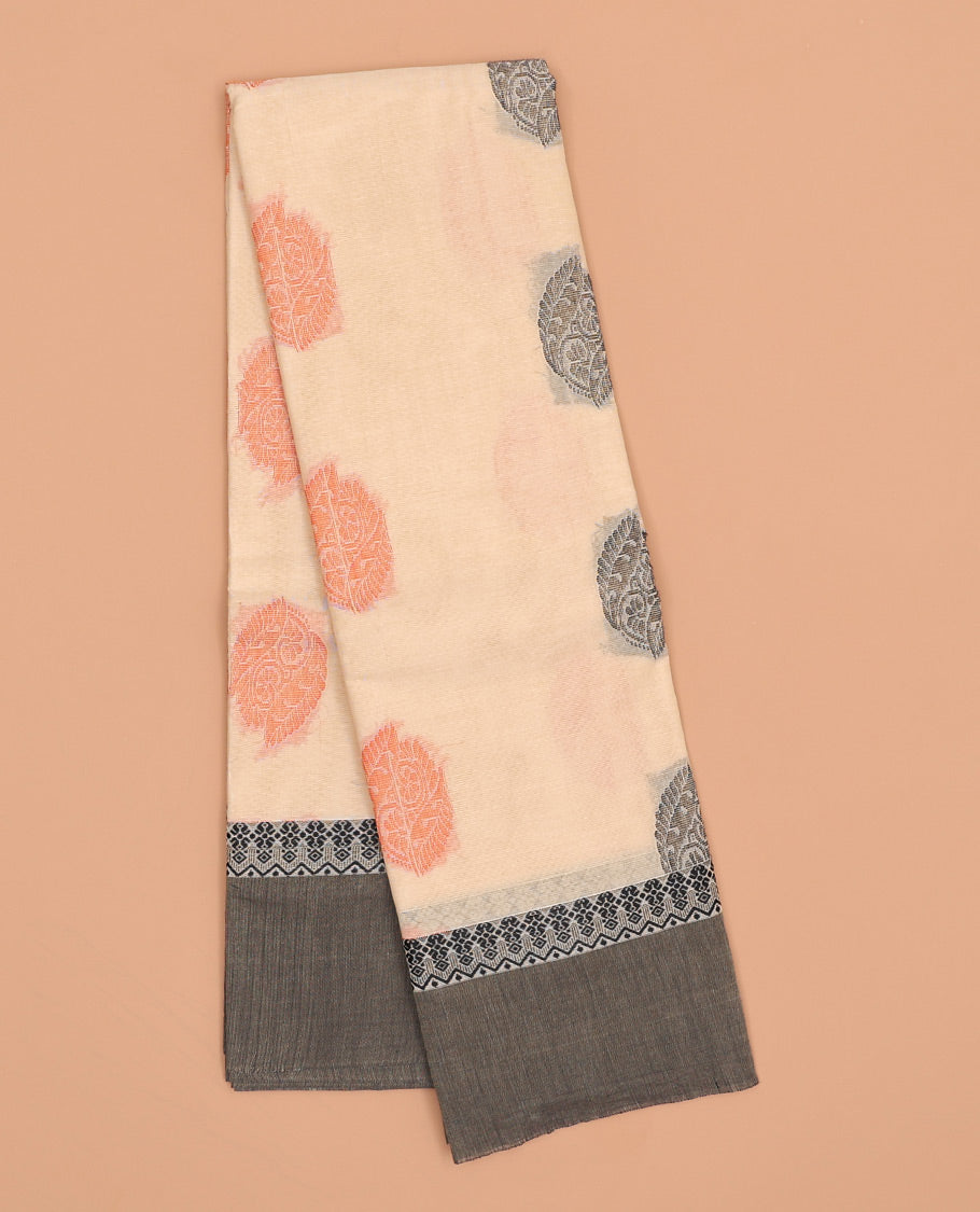 Cream kanchi cotton saree with buttas, contrast plain border & intricate design pallu