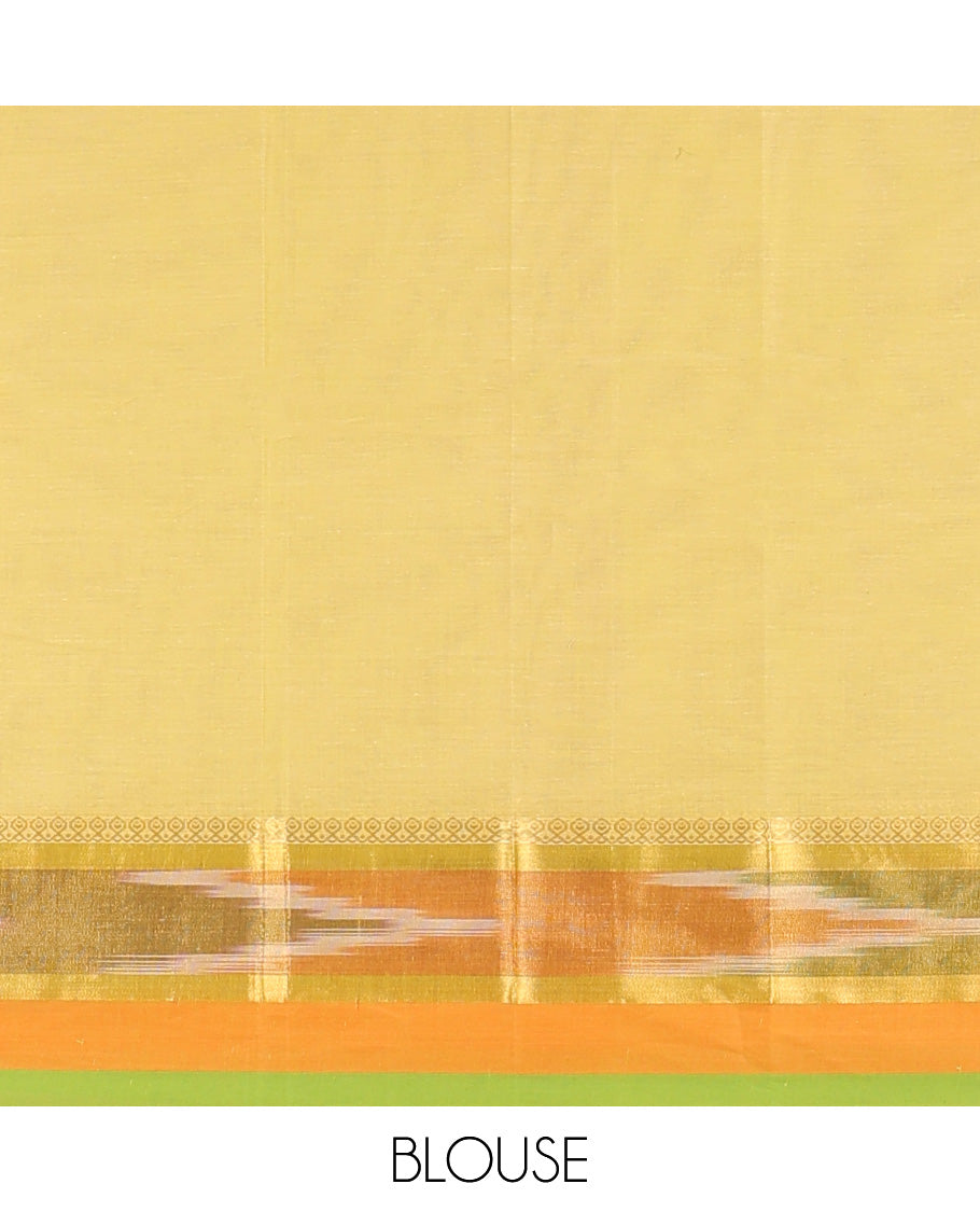 Yellow kanchi cotton saree with buttas, contrast ikkat border & floral design pallu