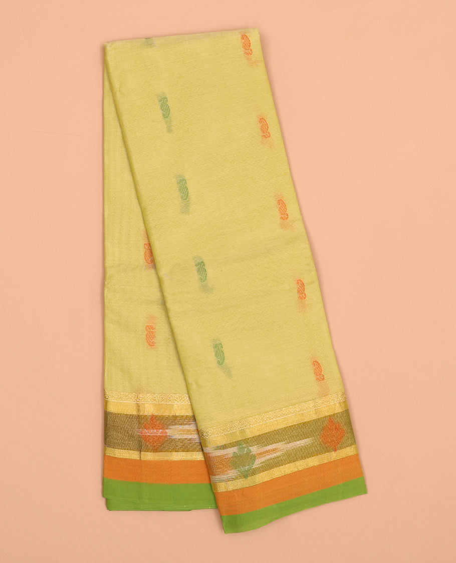 Yellow kanchi cotton saree with buttas, contrast ikkat border & floral design pallu