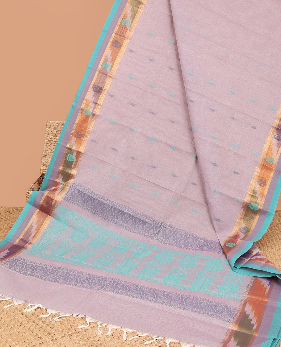 Grey buttas kanchi cotton saree, contrast ikkat border & floral design pallu