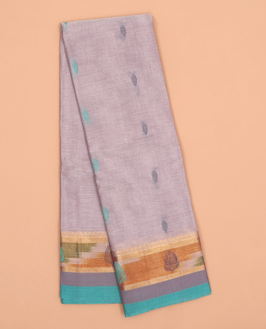 Grey buttas kanchi cotton saree, contrast ikkat border & floral design pallu