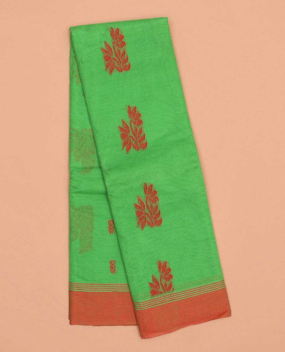 Green floral buttas kanchi cotton saree, contrast border & jaal design pallu