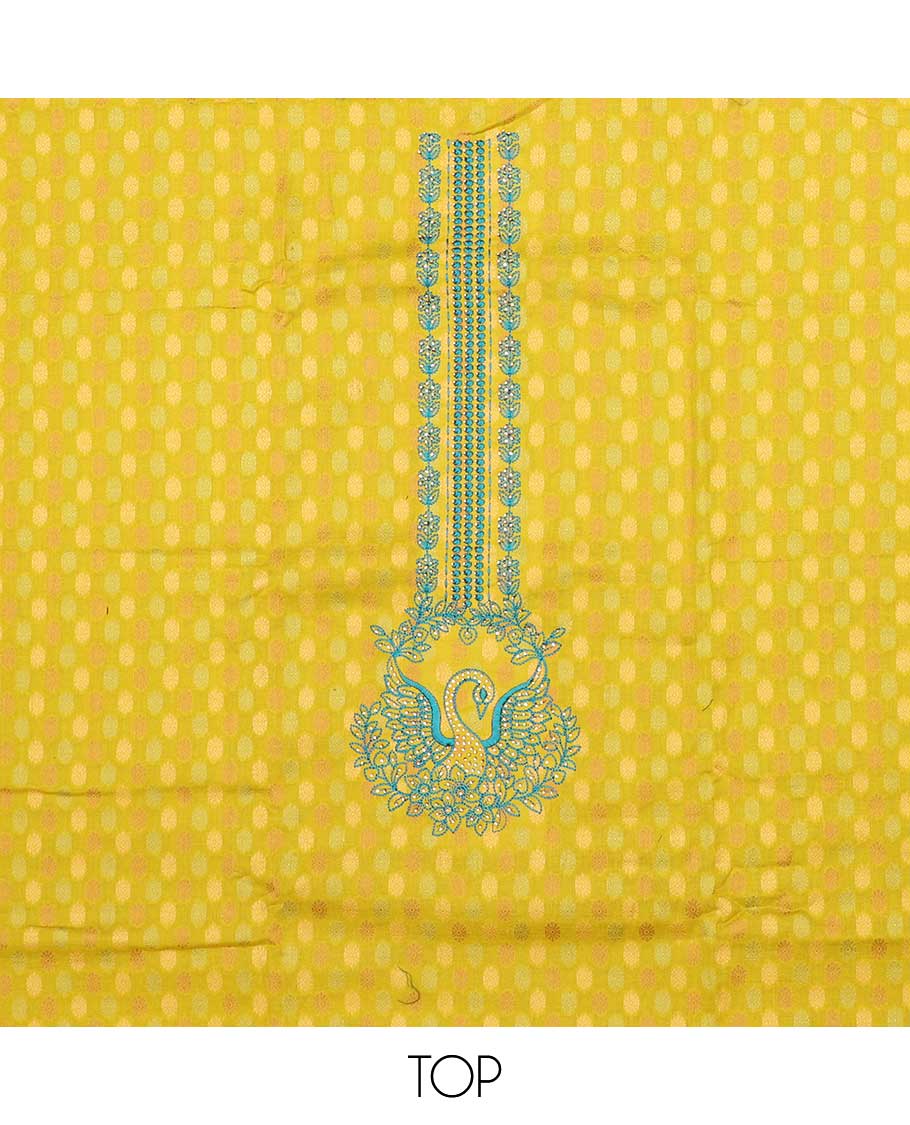Green chudidhar material set, buttas & embroidered cotton top, contrast plain bottom & embroidered dupatta