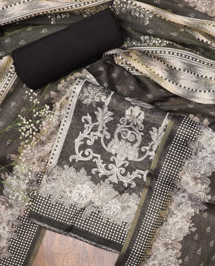 Grey chudidhar material set, intricately embroidered top, contrast plain bottom & floral & geometric printed dupatta