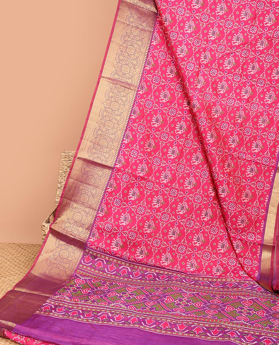 Pink elephant patola printed semi-banaras patola silksaree, contrast traditional zari border & patola printed pallu