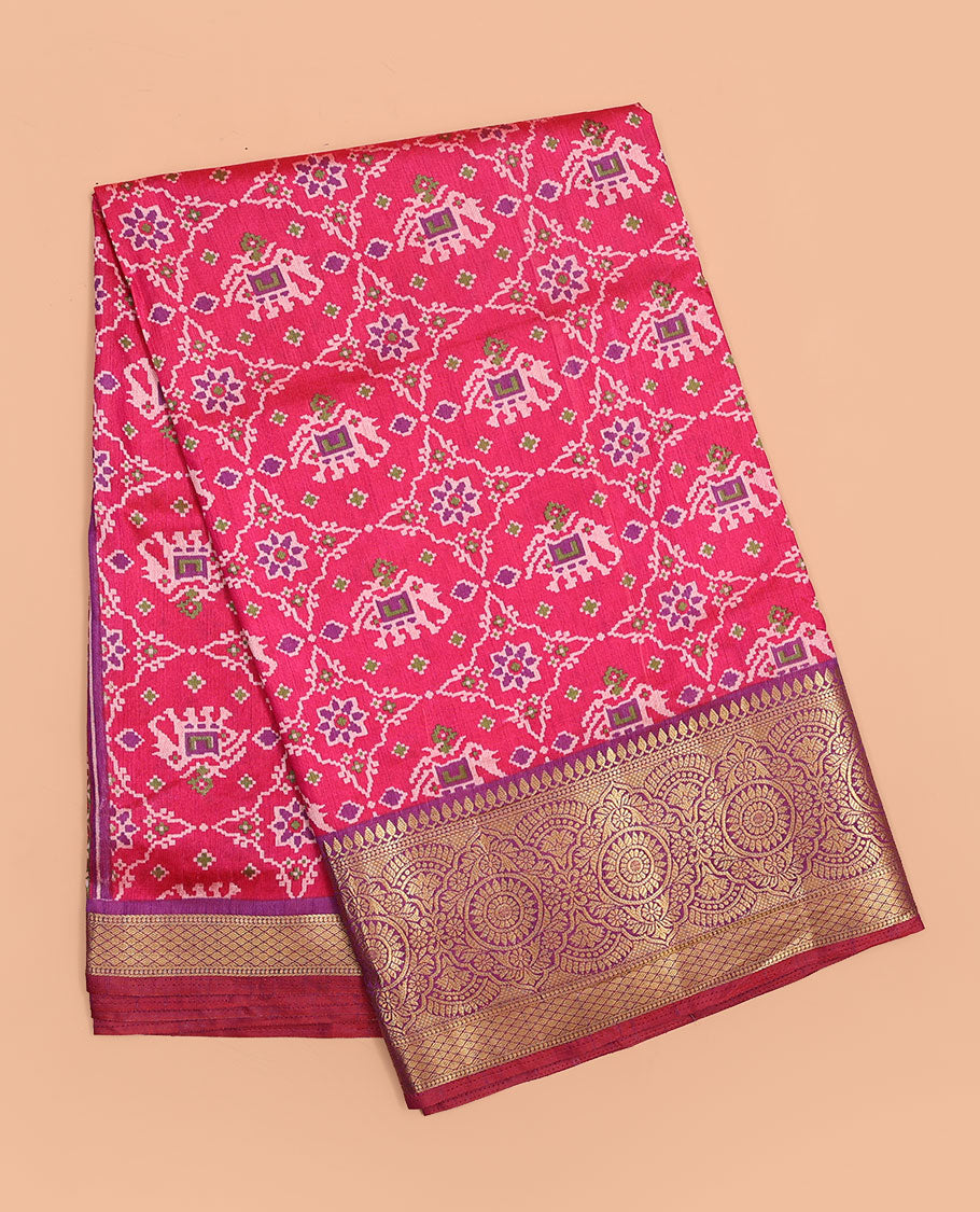 Pink elephant patola printed semi-banaras patola silksaree, contrast traditional zari border & patola printed pallu