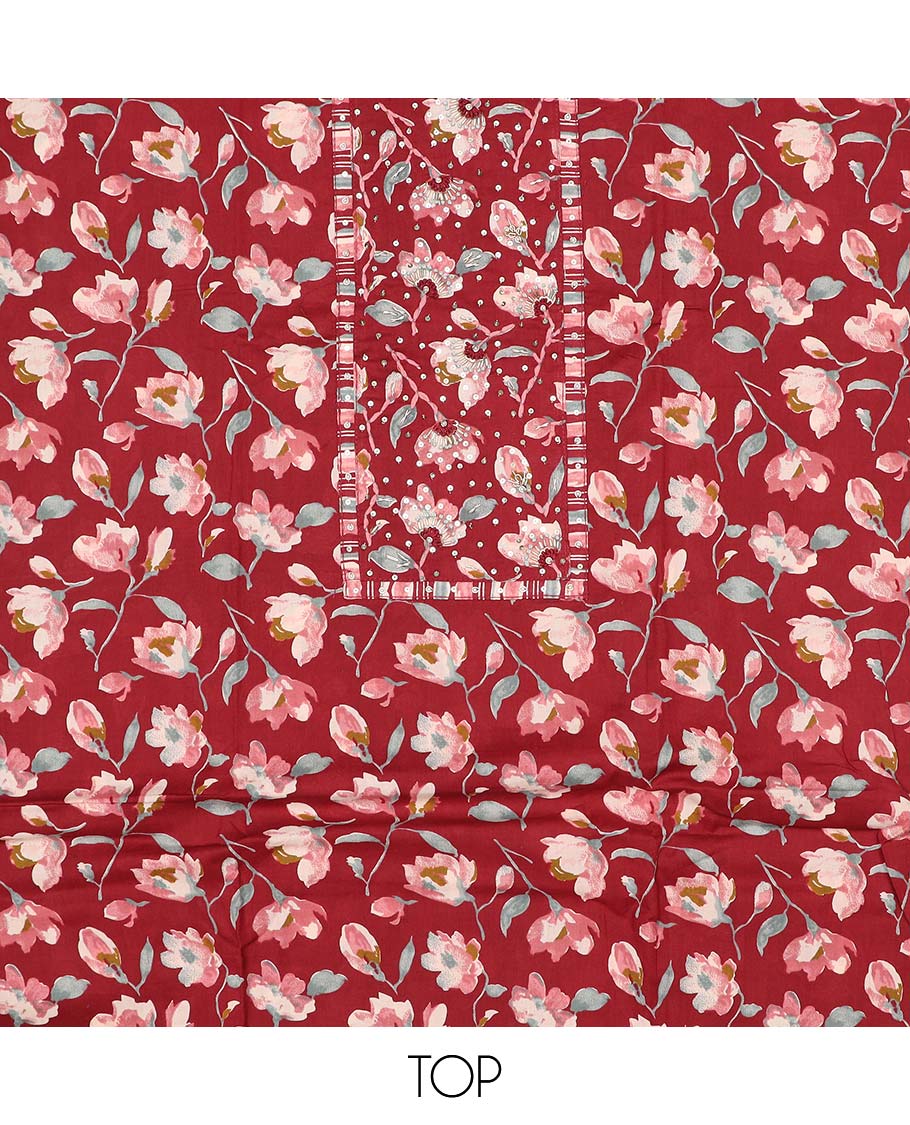 Maroon chudidhar material set, floral print & embroidered cotton top, geometric printed bottom & dupatta