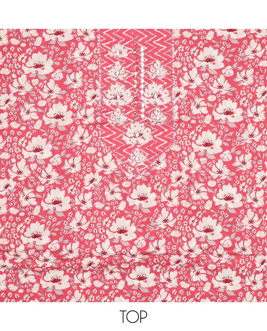 Pink chudidhar material set, floral print & embroidered cotton top, chevron printed bottom & floral & chevron dupatta