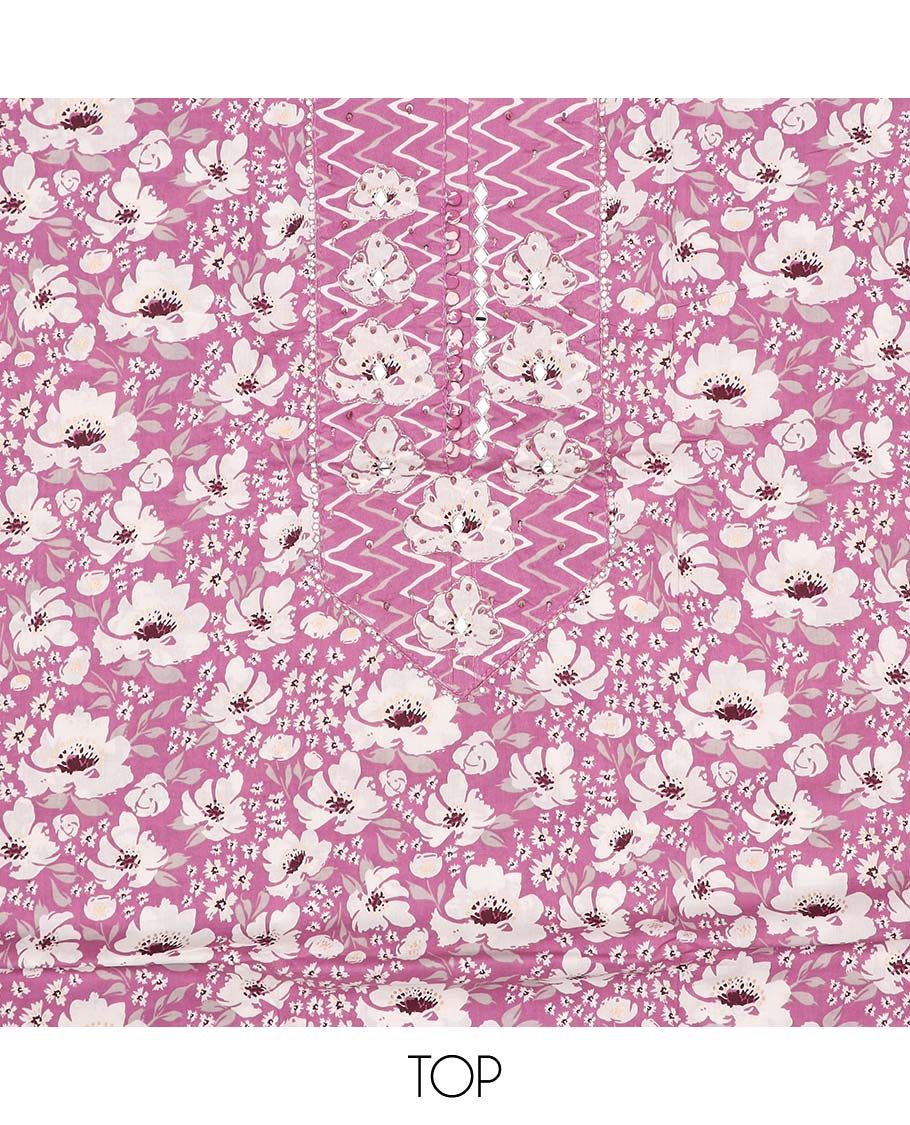 Pink chudidhar material set, floral print & embroidered cotton top, chevron printed bottom & floral & chevron dupatta