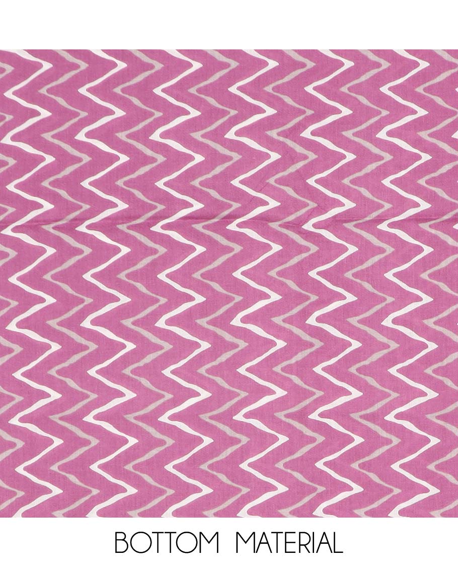 Pink chudidhar material set, floral print & embroidered cotton top, chevron printed bottom & floral & chevron dupatta
