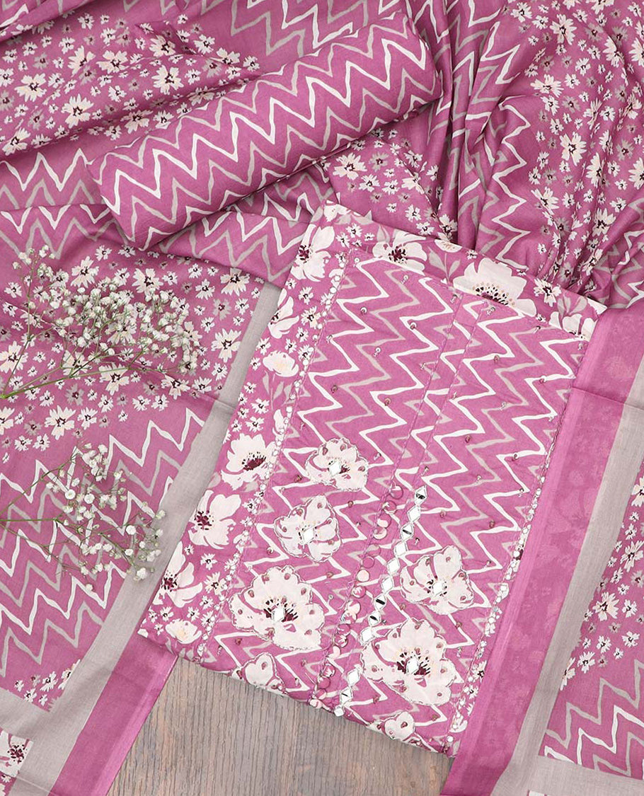 Pink chudidhar material set, floral print & embroidered cotton top, chevron printed bottom & floral & chevron dupatta