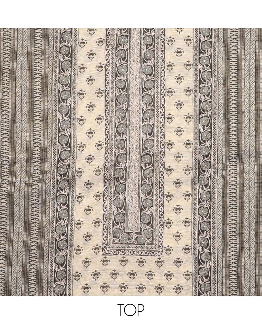 Cream chudidhar material set, floral printed & embroidered top, contrast plain bottom & geometric printed dupatta