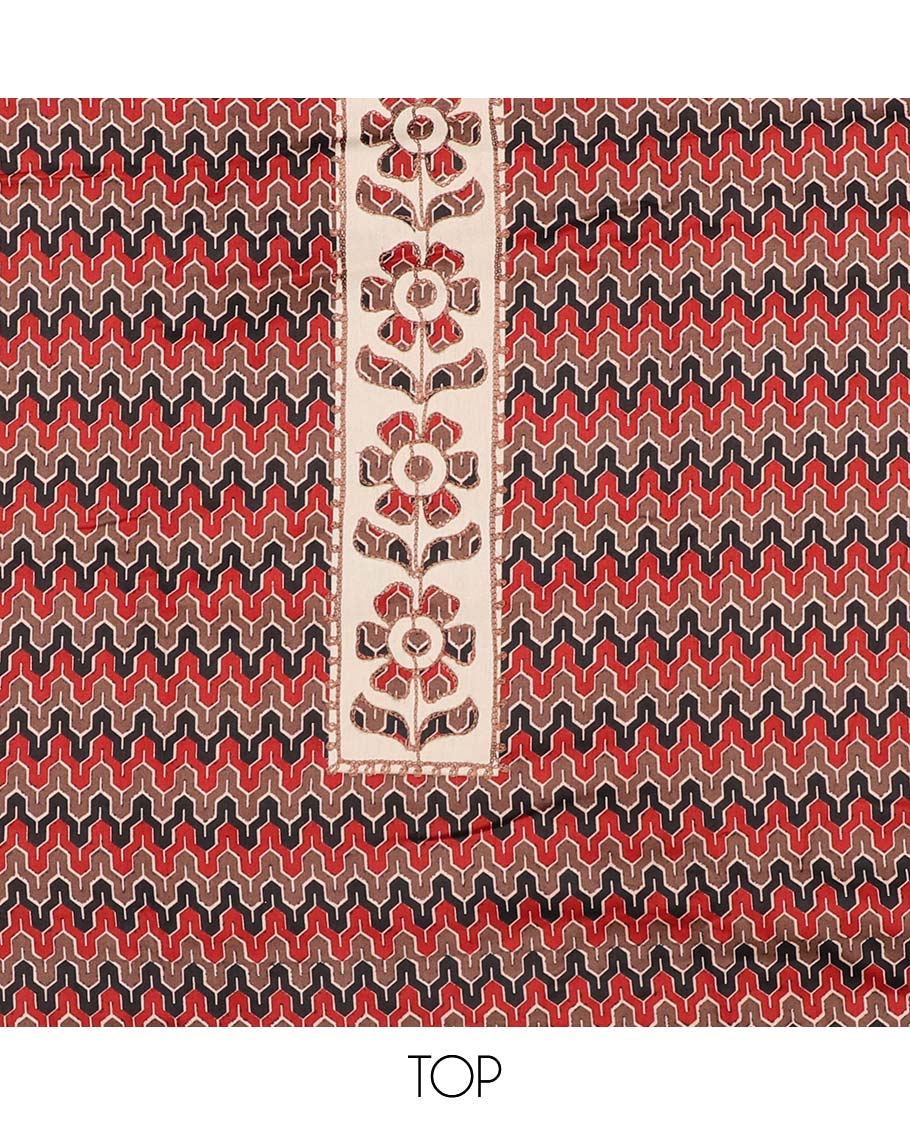 Multi-color chudidhar material set,geometric print & neckwork top,contrast plain bottom & striped & unique motif dupatta