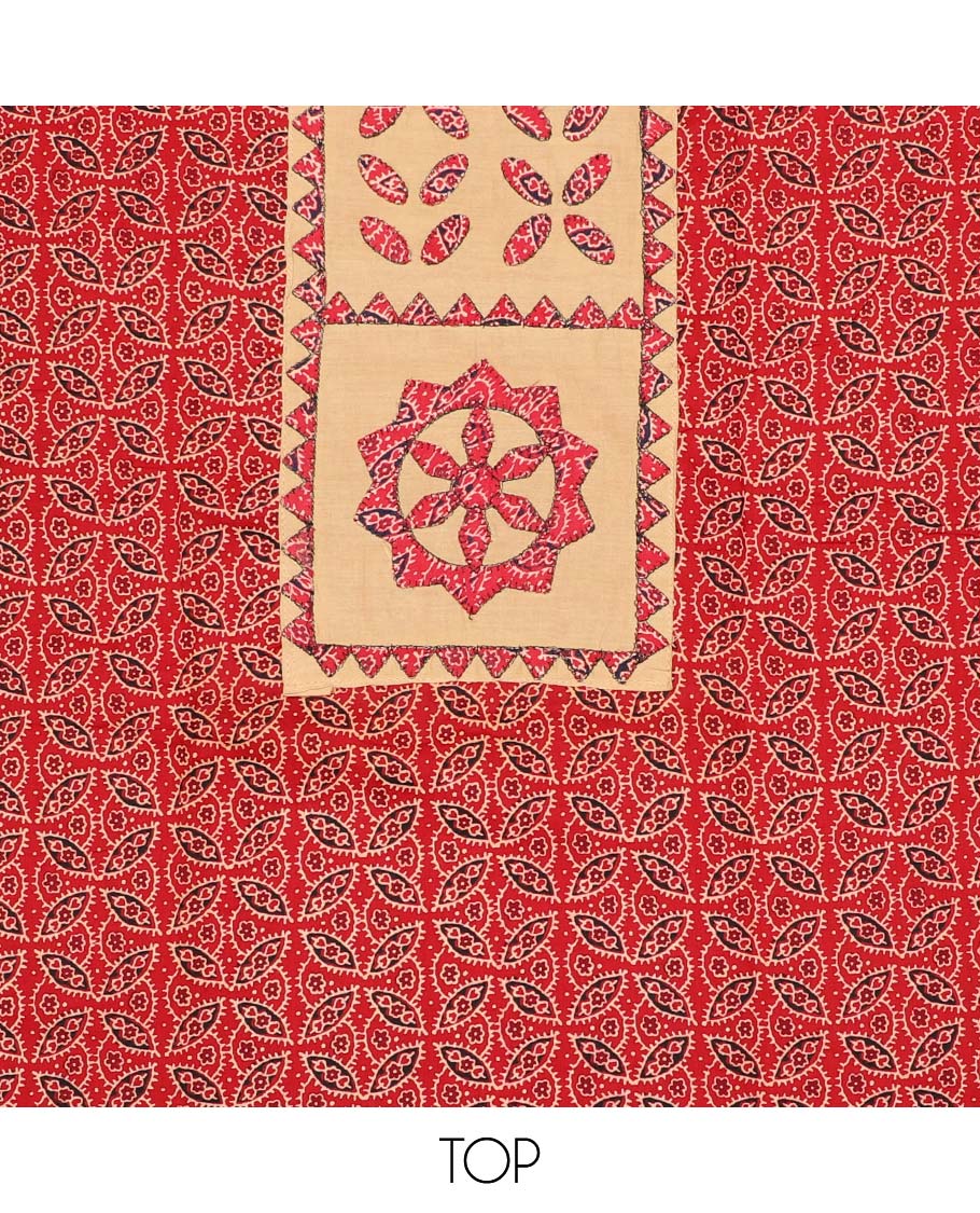 Red chudidhar material set, ajrakh printed & neckwork top,contrast plain bottom & unique motifs dupatta