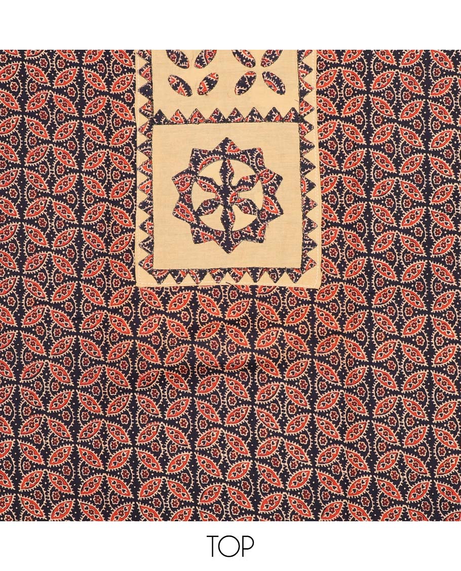 Black chudidhar material set, ajrakh printed & neckwork top,contrast plain bottom & leaf motifs dupatta