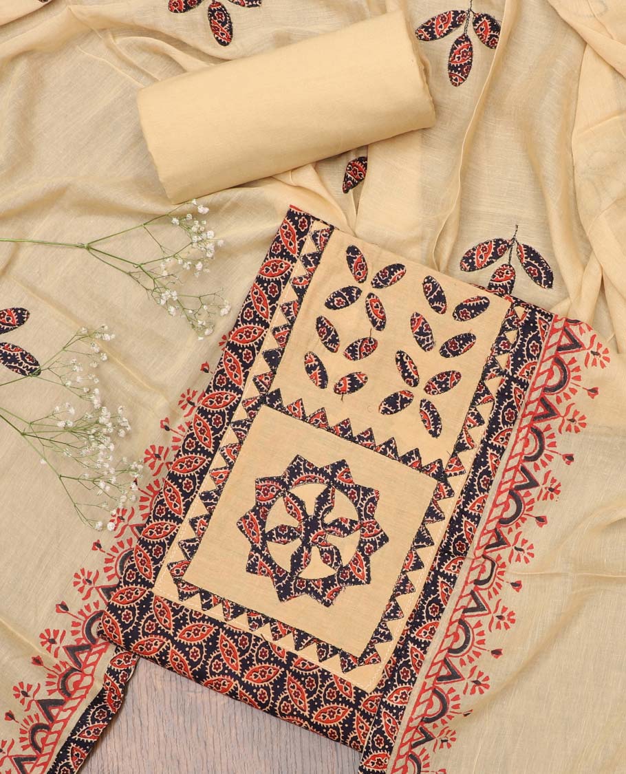 Black chudidhar material set, ajrakh printed & neckwork top,contrast plain bottom & leaf motifs dupatta