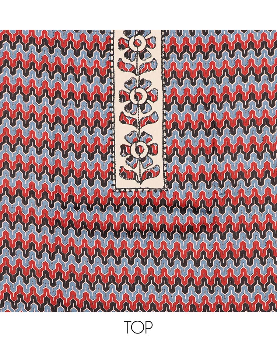 Multi-color chudidhar material set,geometric print & neckwork top,contrast plain bottom & striped & unique motif dupatta
