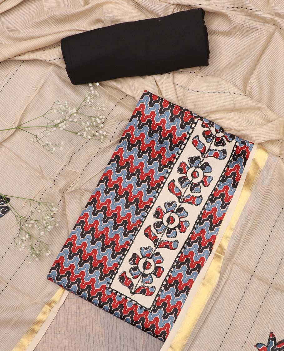 Multi-color chudidhar material set,geometric print & neckwork top,contrast plain bottom & striped & unique motif dupatta