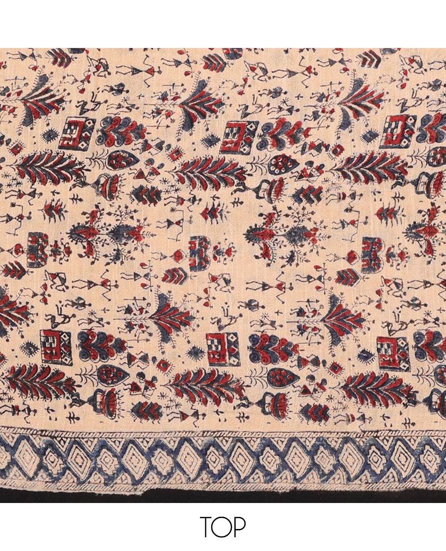 Multi-color chudidhar material set, warli printed cotton top, contrast plain bottom & intricately printed dupatta