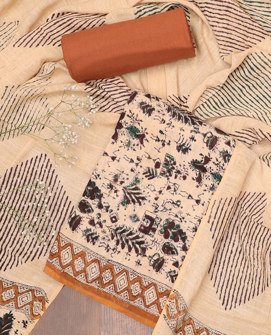 Multi-color chudidhar material set, warli printed cotton top, contrast plain bottom & intricately printed dupatta