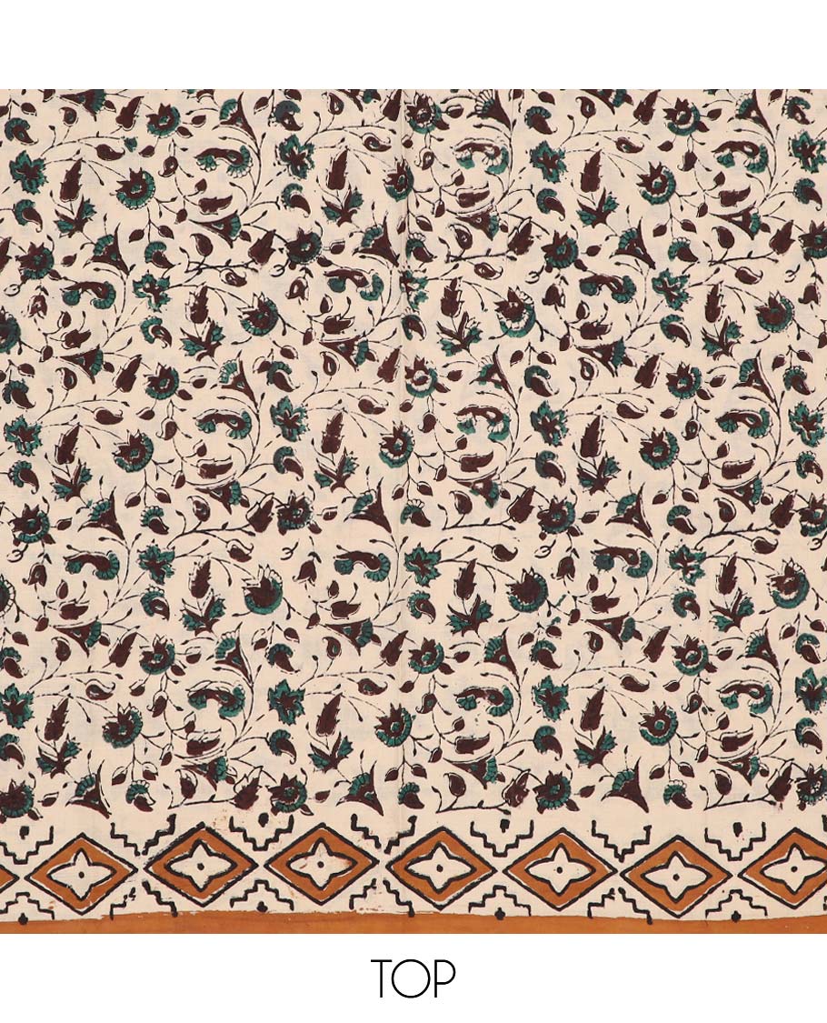 Cream chudidhar material set, floral vine printed cotton top, contrast plain bottom & floral & geometric dupatta