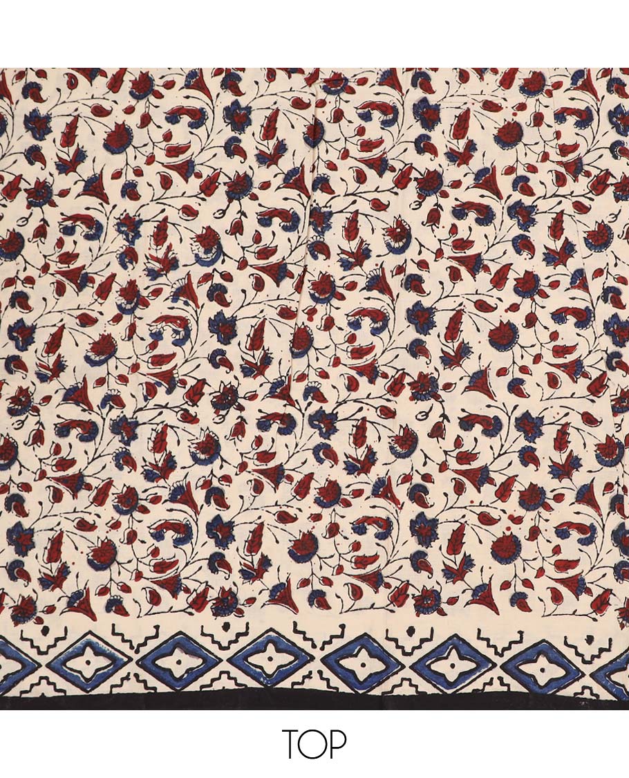 Cream chudidhar material set, floral vine printed cotton top, contrast plain bottom & floral printed dupatta