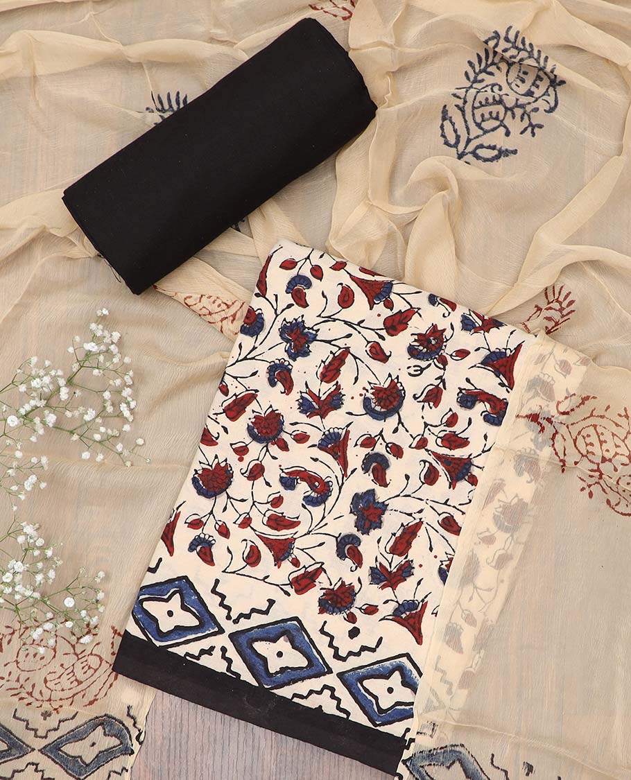 Cream chudidhar material set, floral vine printed cotton top, contrast plain bottom & floral printed dupatta
