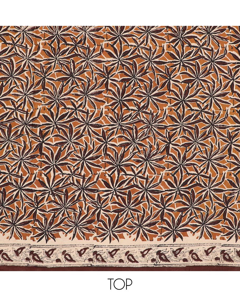 Orange chudidhar material set, floral printed cotton top, contrast plain bottom & floral & greek key dupatta