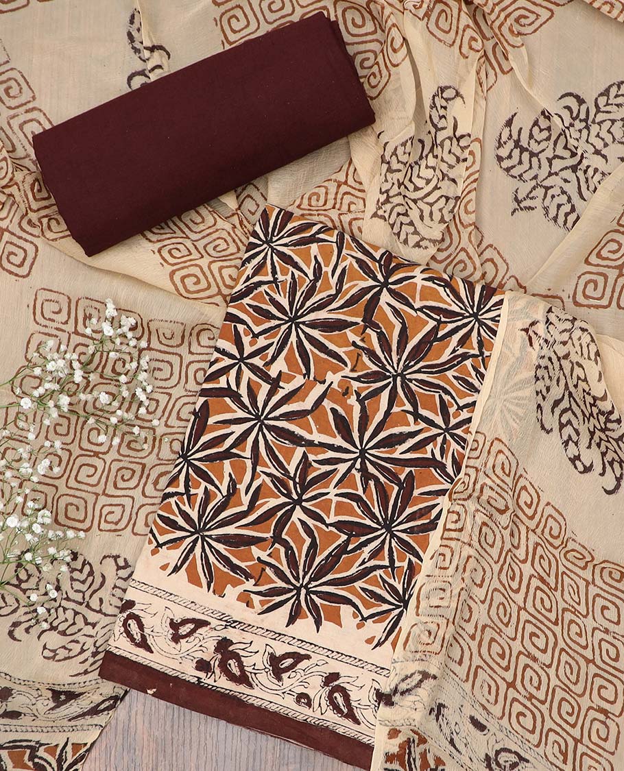 Orange chudidhar material set, floral printed cotton top, contrast plain bottom & floral & greek key dupatta