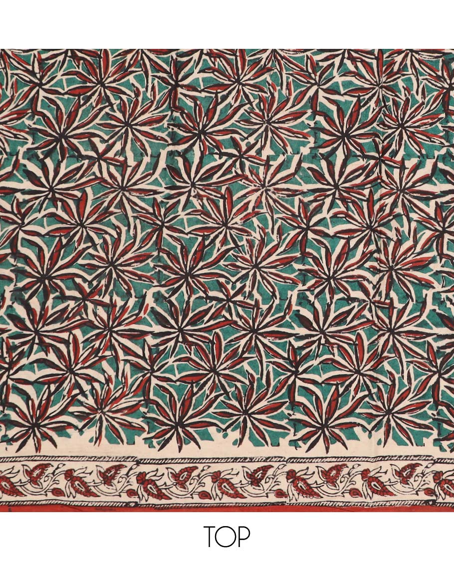 Green chudidhar material set, floral printed cotton top, contrast plain bottom & floral & greek key dupatta