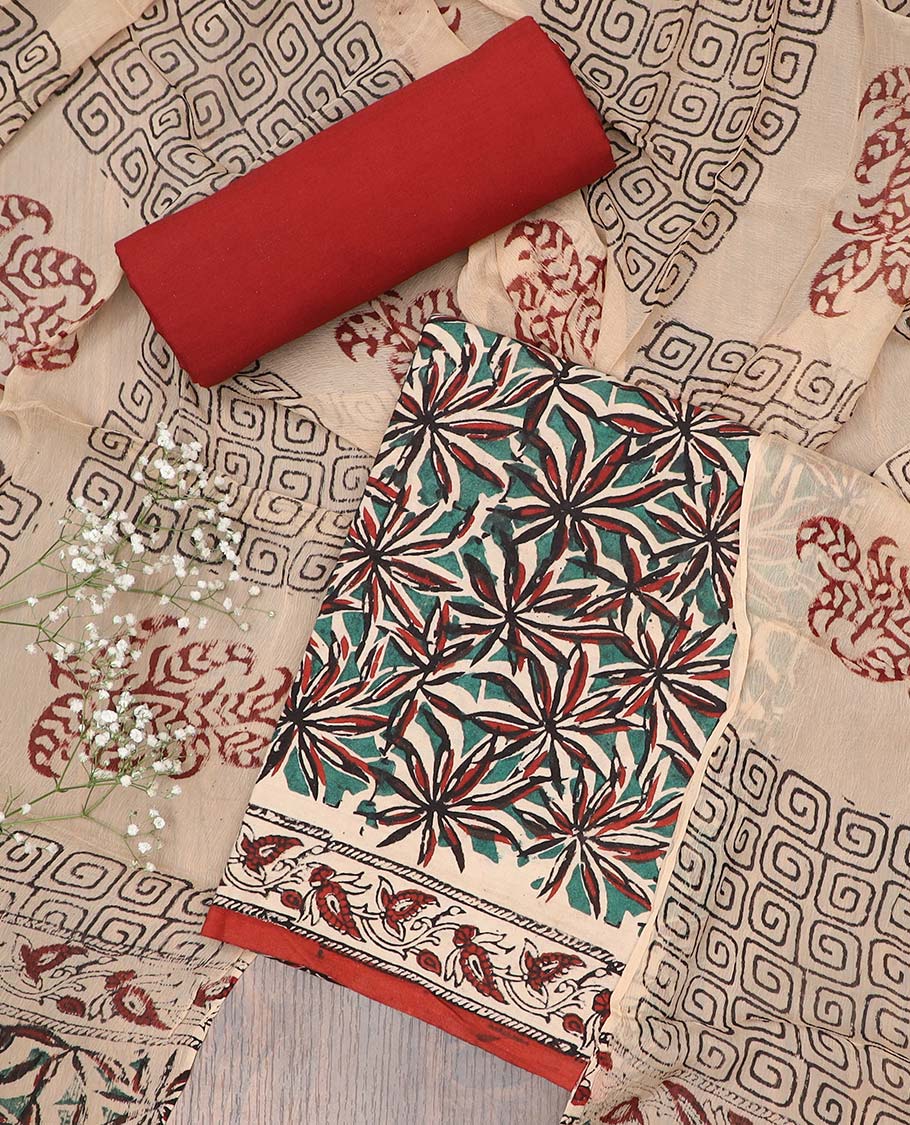 Green chudidhar material set, floral printed cotton top, contrast plain bottom & floral & greek key dupatta