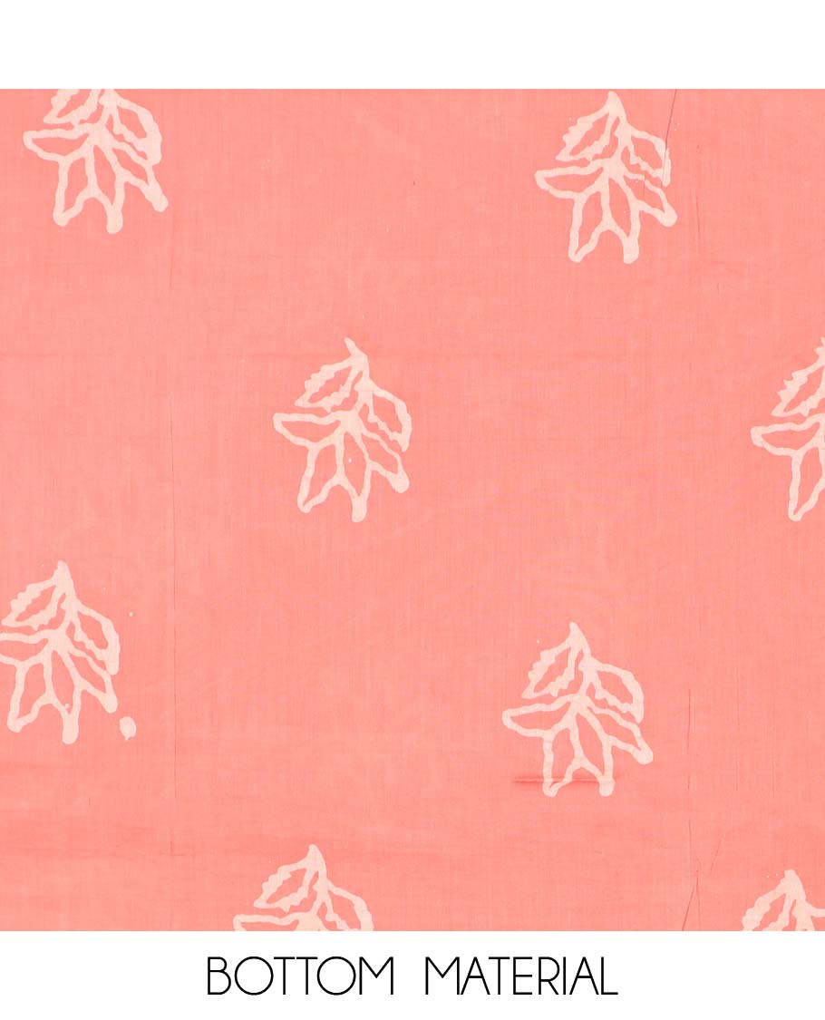 Peach chudidhar material set, leaf printed & cut-work cotton top, leaf printed bottom & checked & leaf printed dupatta