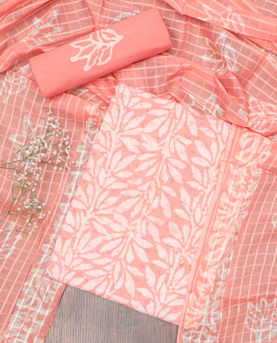 Peach chudidhar material set, leaf printed & cut-work cotton top, leaf printed bottom & checked & leaf printed dupatta