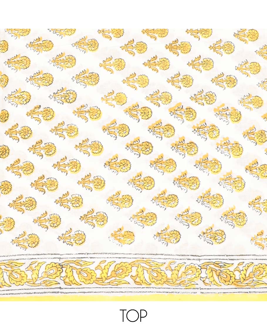 Yellow chudidhar material set, floral motifs printed cotton top, striped bottom & printed dupatta