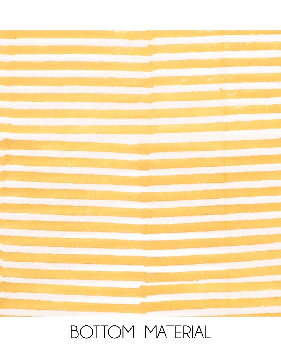 Yellow chudidhar material set, floral motifs printed cotton top, striped bottom & printed dupatta