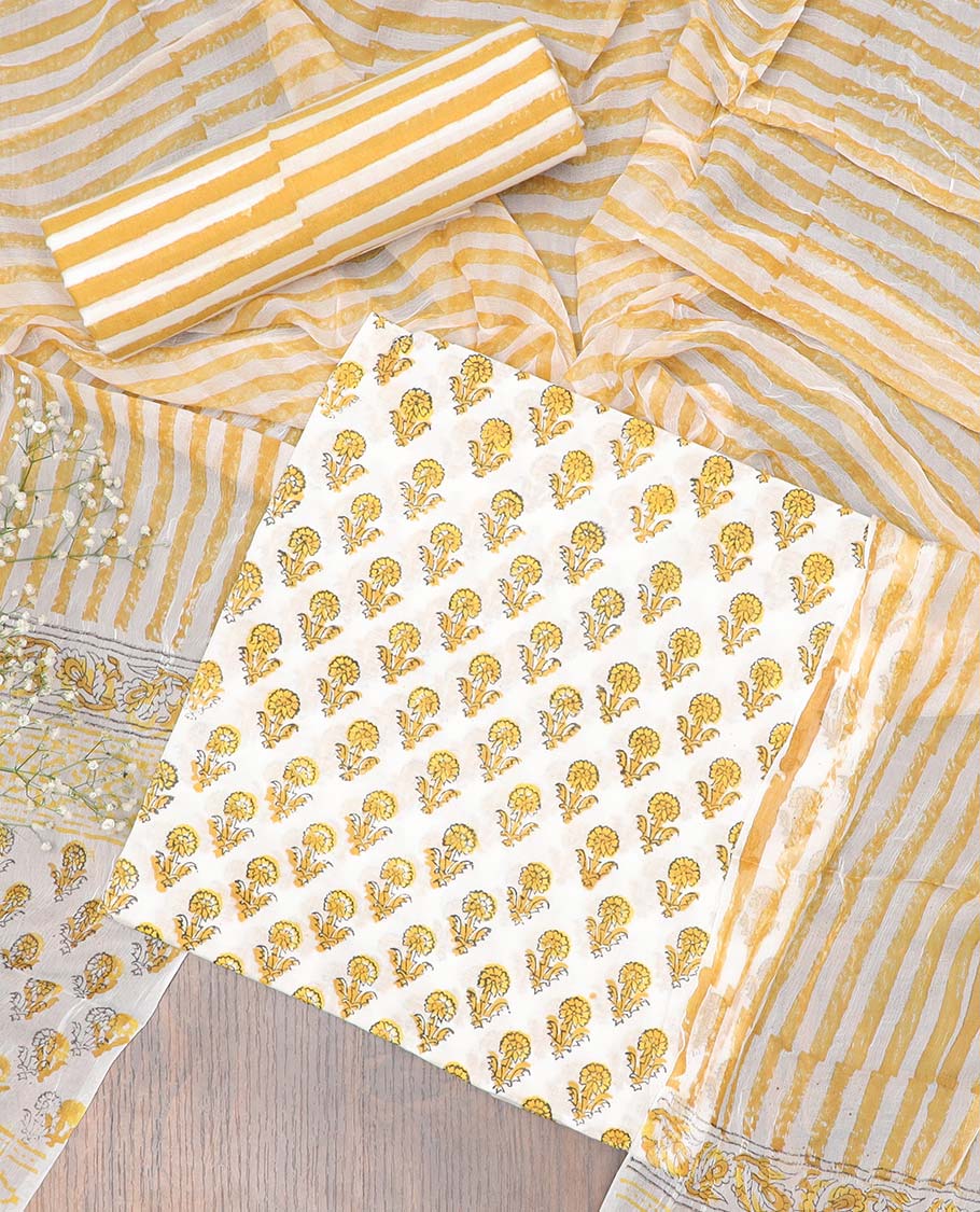Yellow chudidhar material set, floral motifs printed cotton top, striped bottom & printed dupatta