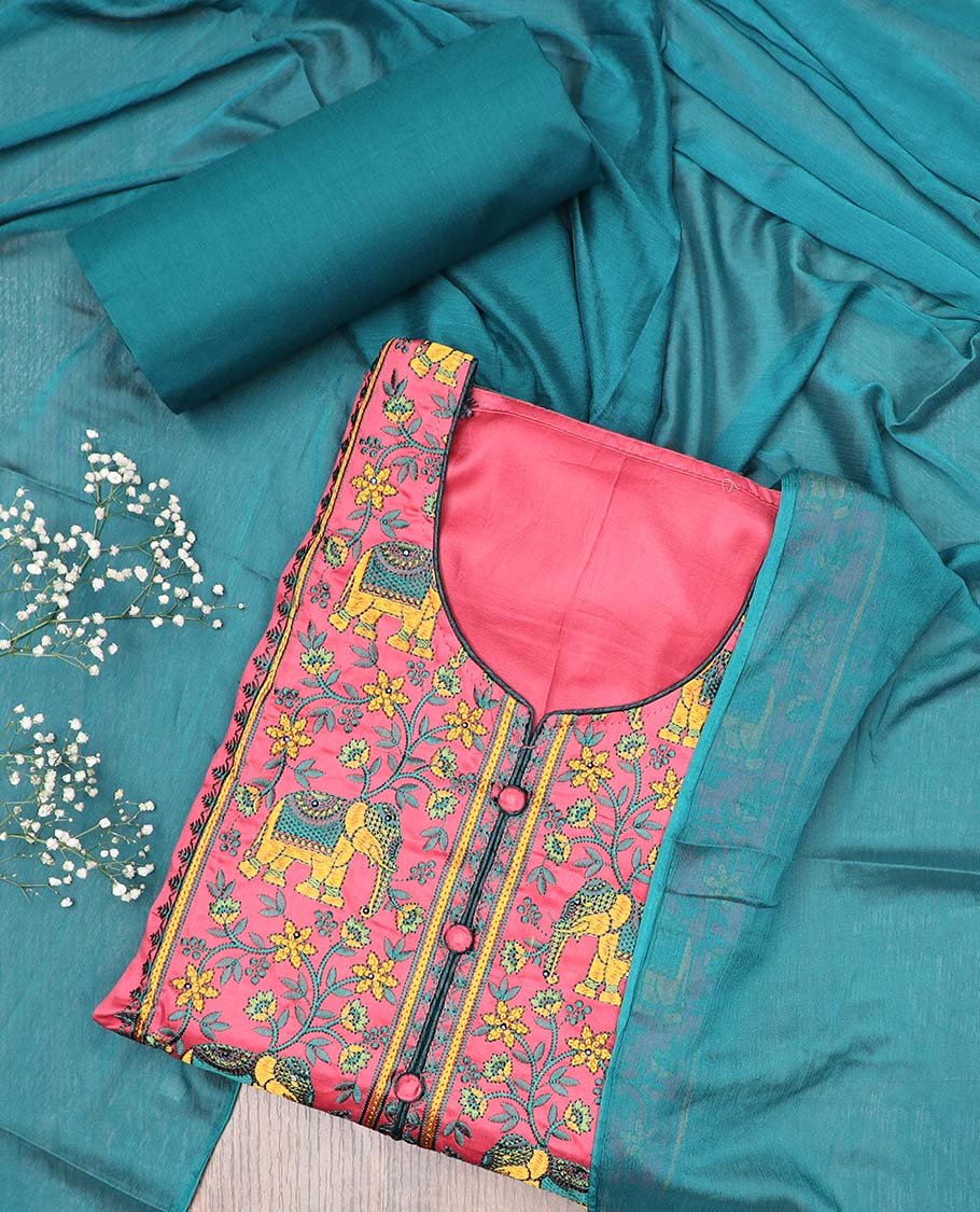Pink chudidhar material set, floral vine & elephant motifs embroidered top, contrast plain bottom & solid dupatta