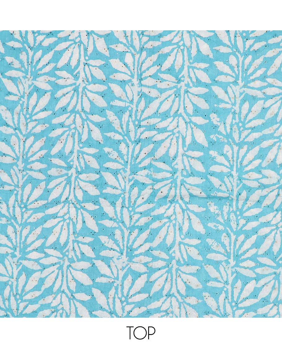 Blue chudidhar material set, leaf printed & cut-work cotton top, leaf printed bottom & checked & leaf printed dupatta