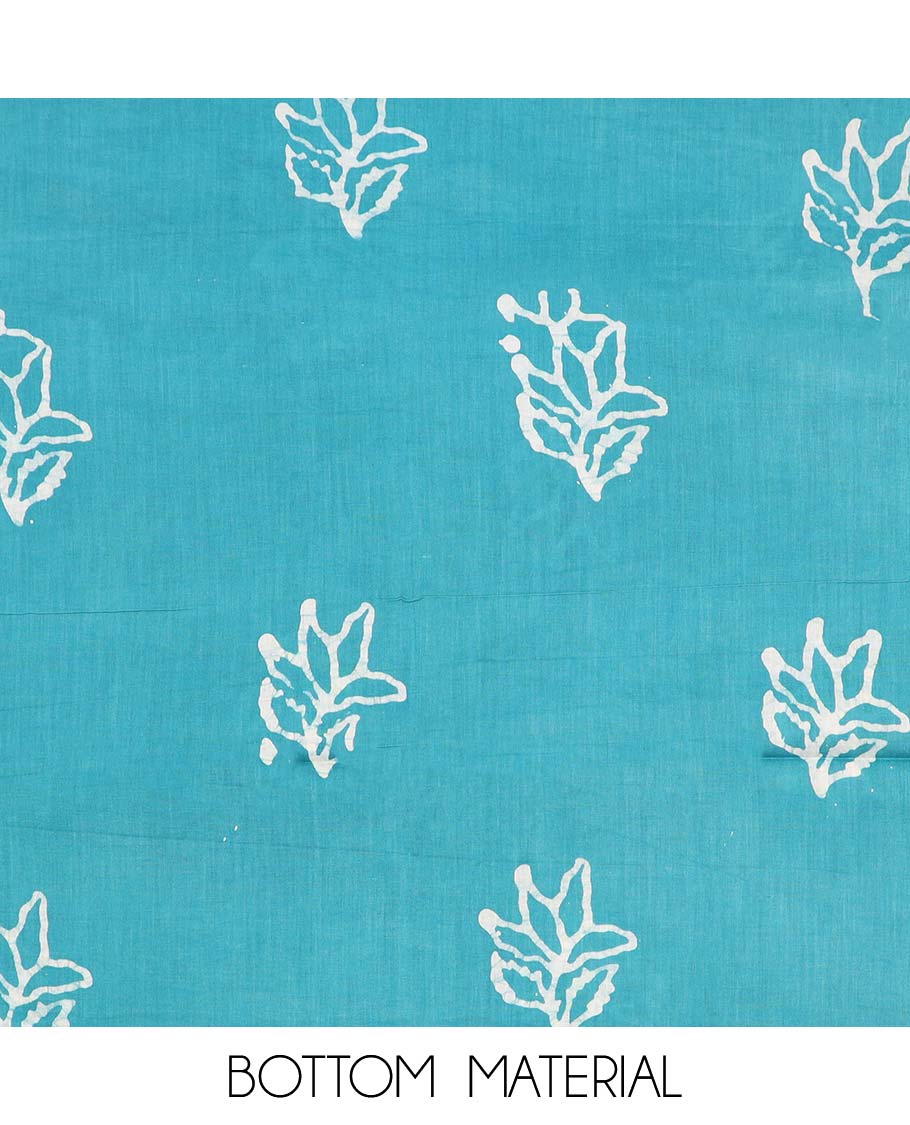 Blue chudidhar material set, leaf printed & cut-work cotton top, leaf printed bottom & checked & leaf printed dupatta