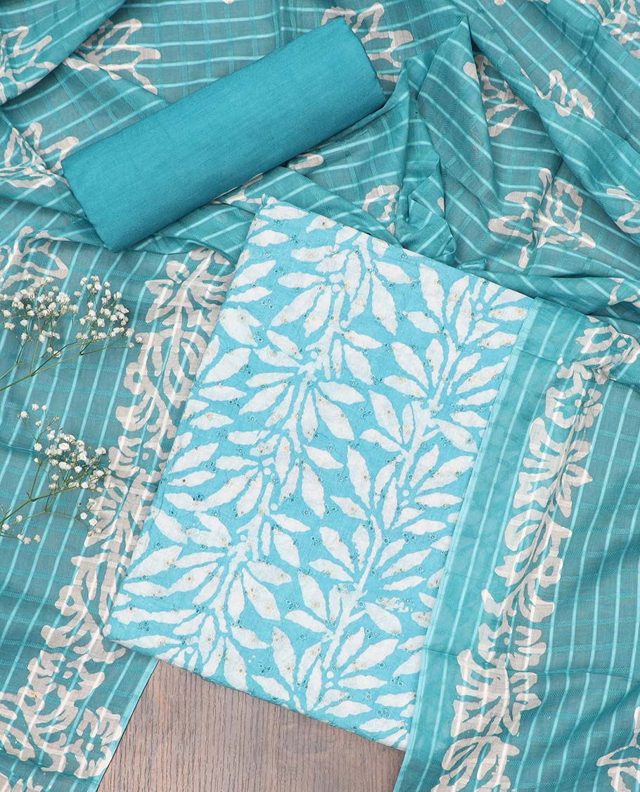 Blue chudidhar material set, leaf printed & cut-work cotton top, leaf printed bottom & checked & leaf printed dupatta
