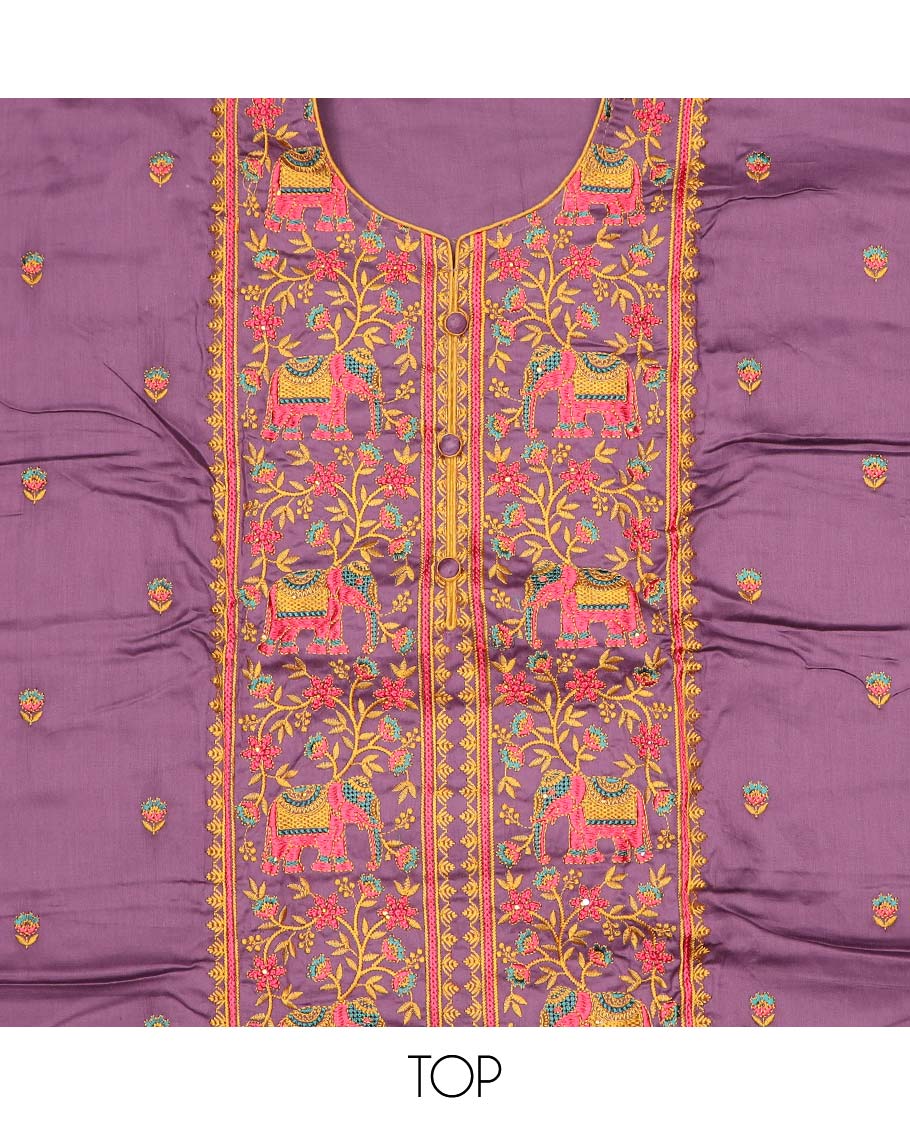 Mauve purple chudidhar material set,floral vine & elephant motifs embroidered top, contrast plain bottom & solid dupatta