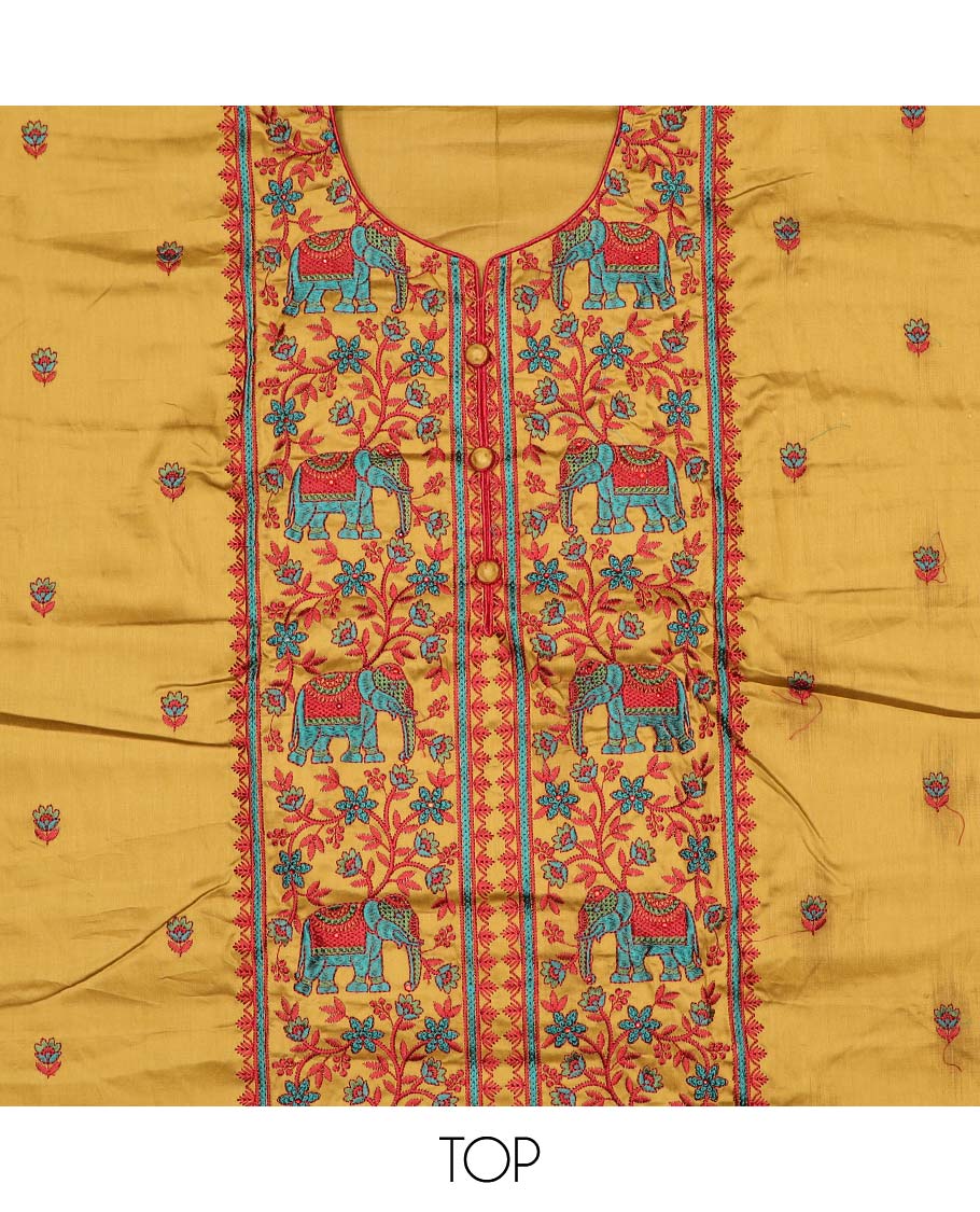 Mustard chudidhar material set, floral vine & elephant motifs embroidered top, contrast plain bottom & solid dupatta